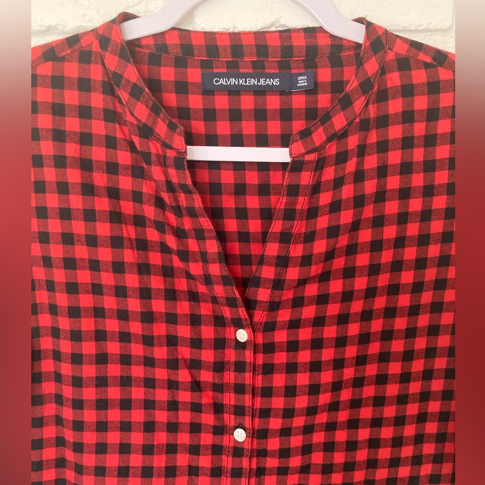 Calvin Klein Jeans Button Down Red Black Plaid Shirt Top Women’s Small - Picture 3 of 10